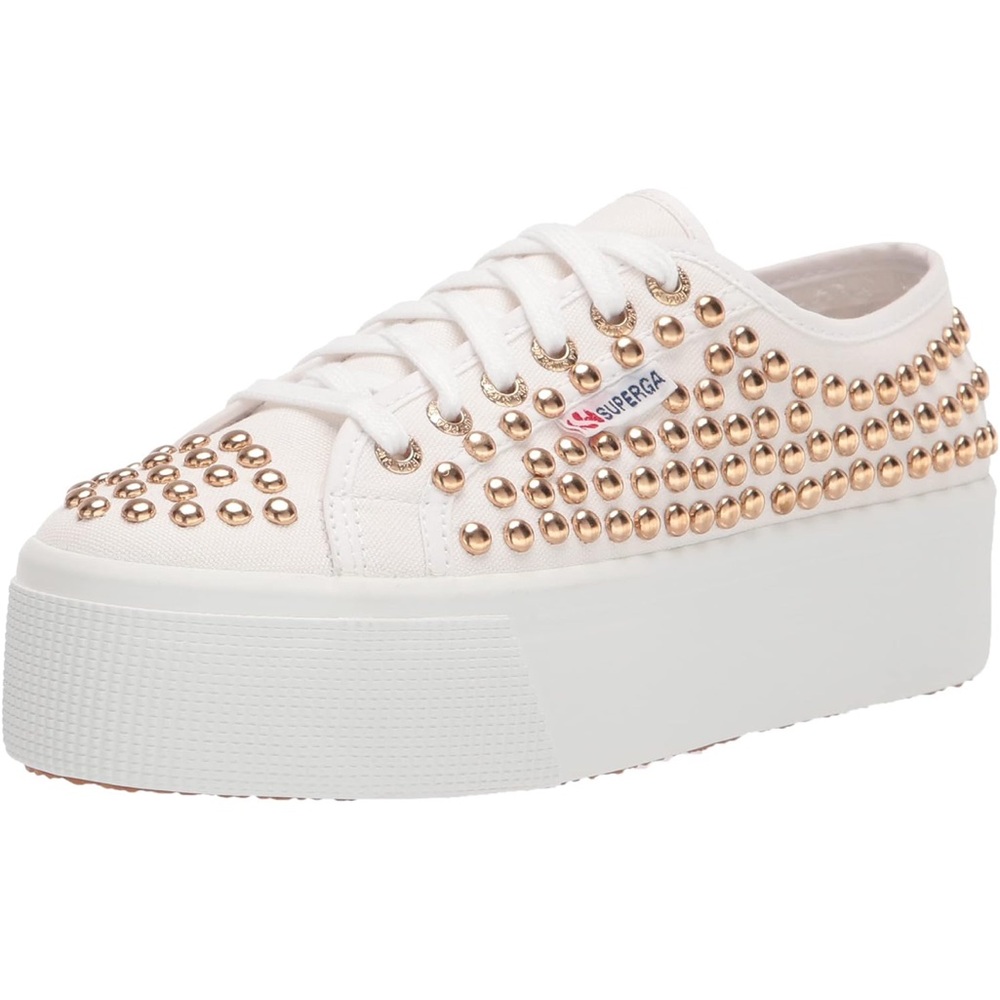 Superga Women's White Platform Sneakers with Gold Studs